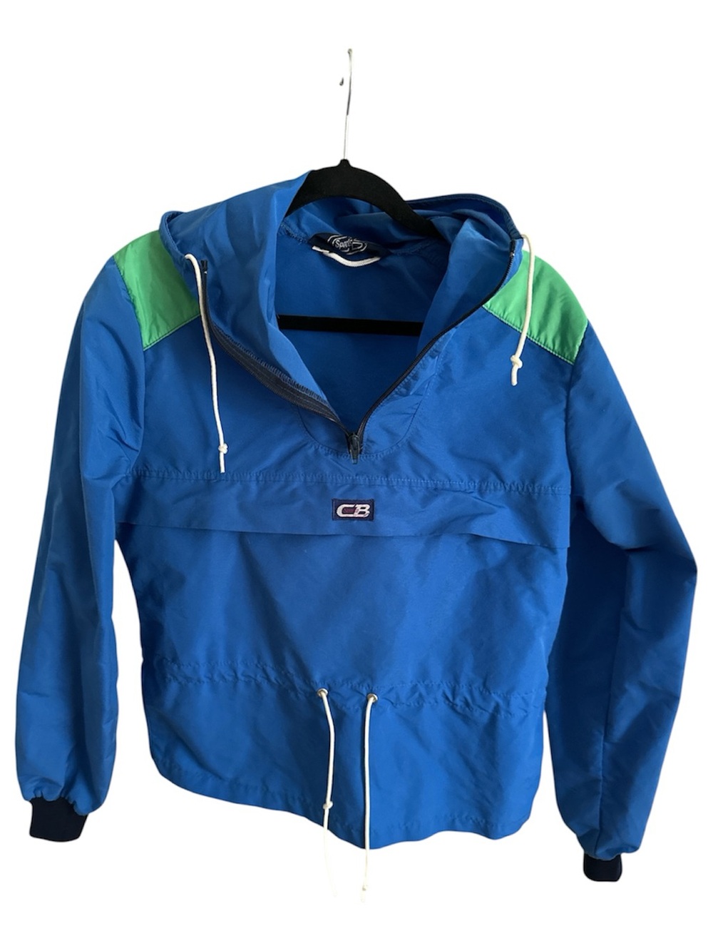 Blue Hooded Anorak Pullover Jacket with Green Shoulder Accents